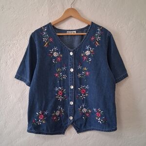 90s embroidered denim button up shirt
